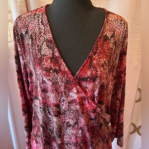 Michael Kors Pink Snake Skin Print Long Sleeve Cross Front Top Side Zip Ruching